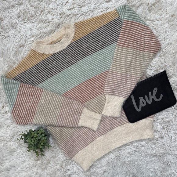 On Blue Sweaters - 🎉HP🎉 On Blue Striped Crewneck Eyelash Sweater 💗 Cream Multi